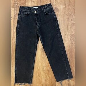 Zara Washed Black Denim Straight leg Jeans with crossover button closure.
